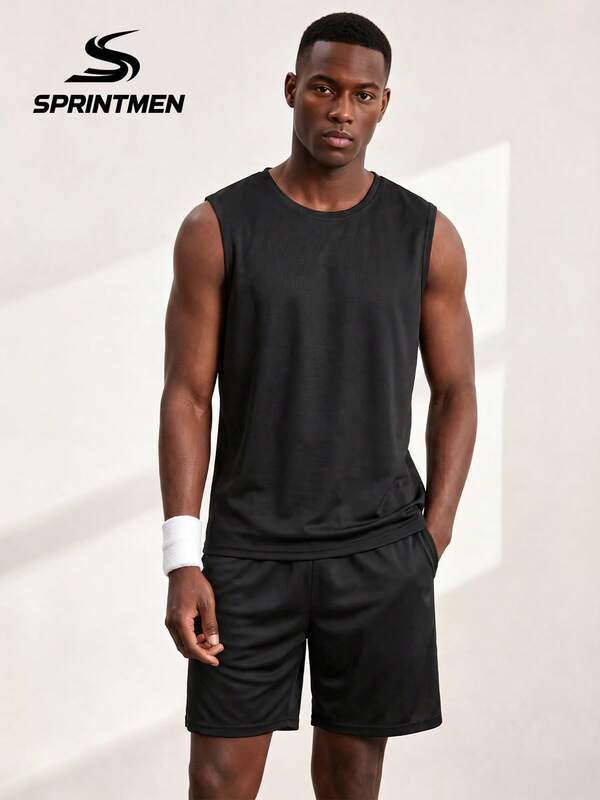 2pcs/Set Men's Black Mesh Sleeveless Tank Top + Loose Shorts, Men's Sportswear Set, Men's Lightweight Breathable Soft Fabric Fitness Workout Outfit, Suitable For Summer Running, Basketball, Machine Washable