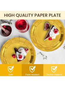 40-80pcs/Set Disposable Paper Plates, Gold Color, 7/9 Inch Round, Suitable For Decorating Desserts, Cakes And Party Supplies In Bulk, Suitable For Birthday, Wedding, Picnic, Holiday Club And Other Occasions - Multicolor - View 2