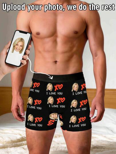 1 pièce Caleçon personnalisé pour hommes, peut imprimer des photos ou des images, sous-vêtements personnalisés, peut personnaliser pour la petite amie, cadeau idéal pour la Saint-Valentin, mignon et amusant, confortable et intime, sous-vêtements personnalisés uniques, cadeau idéal pour le petit ami, convient également pour les mariages, les anniversaires et les fêtes