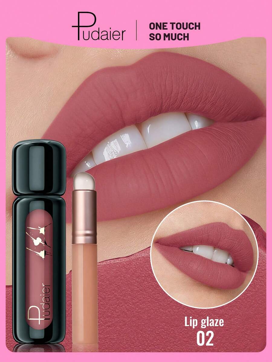 Pudaier Long-Lasting Glossy Lip Tint & Silicone Lip Brush Set – Waterproof, Vibrant Color, Moisturizing Formula, Smooth Application – Essential Beauty Tool For Women! - #02 - View 1