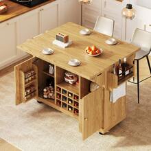 Multifunctional Service Cart, Kitchen Trolley With Storage, Adjustable Shelves And Wine Bottle Holder, Mobile Side Table For Dining Room, Living Room And Balcony, Natural Brown - Natural Wood Color - View 2