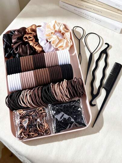 1159pcs Women's Brown Tone Basic Hair Accessories Set, Minimalist Style, Includes Scrunchies, Hair Ties, Hair Ropes, Disposable Rubber Bands, Hair Styling Tools, Meets Daily Hairstyle Needs. Hair Accessory Design Accessories, Women's Hair Accessories. Suitable For Daily Casual Use.