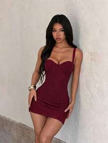 Women's Textured Spaghetti Strap Dress For Autumn, Flattering Chest Design, Suitable For Parties, Gatherings, Travel, Vacation, Beach - Burgundy - View 1