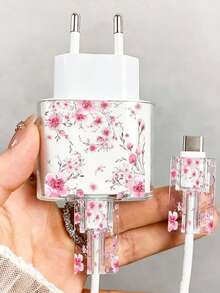 1套粉色櫻花/流蘇花/蝴蝶結透明充電器保護殼（相容20W），相容13/14/15歐規適配器保護套組，20W充電器含線保護殼透明保護殼與線材保護套，櫻花/流蘇花充電器保護殼，透明歐規插頭保護套，線材保護套，充電器配件 - 彩色 - 查看 2