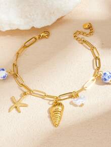 1pc Fashion Ocean Beach Style Gold-Plated Starfish Shell Pendant Stainless Steel Cross Chain Bracelet - Multicolor - View 3