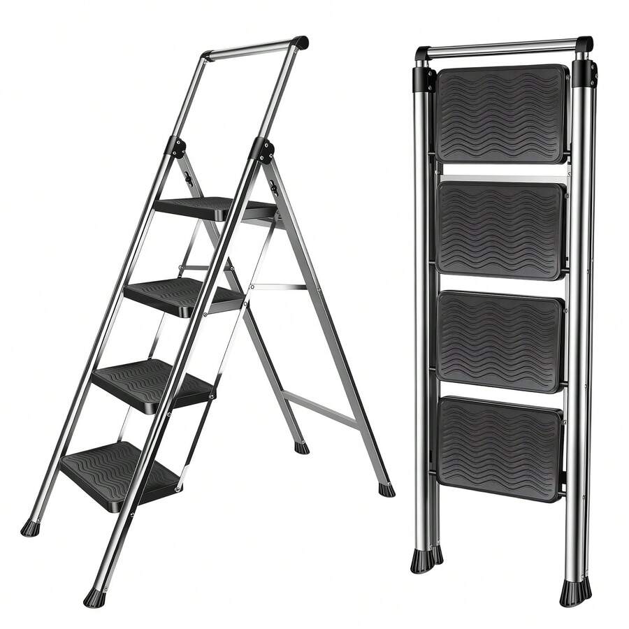 4-Step 3-Step Folding Ladder Household A-Frame Step Stool, Thickened Carbon Steel With Handrails, Non-Slip Wide Pedal, 150kg Load, Foldable Storage Ladder, Multi-Use Plant Stand Shelf - 4-step Folding Ladder - View 1