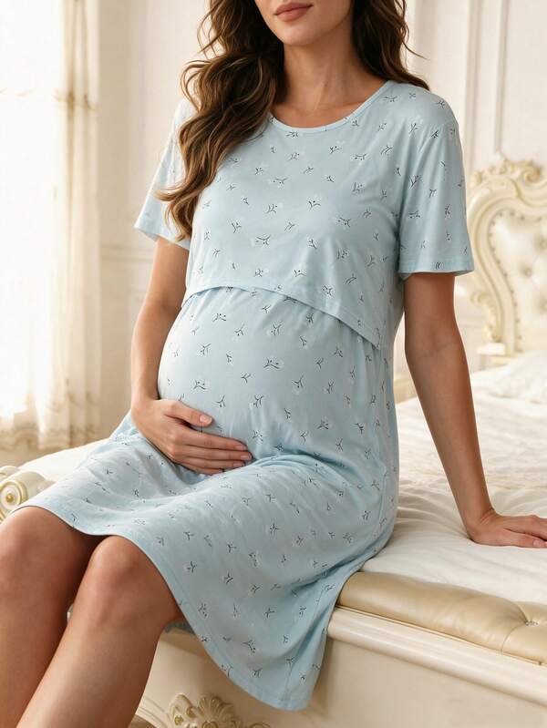 Postpartum Women Casual Maternity Sleepwear, Round Neck Simple Printed Short Sleeve Nightgown, Cozy & Comfortable Maternity Loungewear