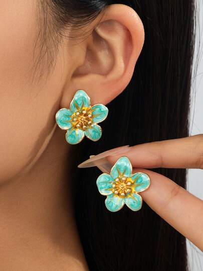 1 Pair Exquisite Design Summer Green Enamel Drip Oil Fake Beach Style Flower Shaped Versatile Women's Plumeria Stud Earrings