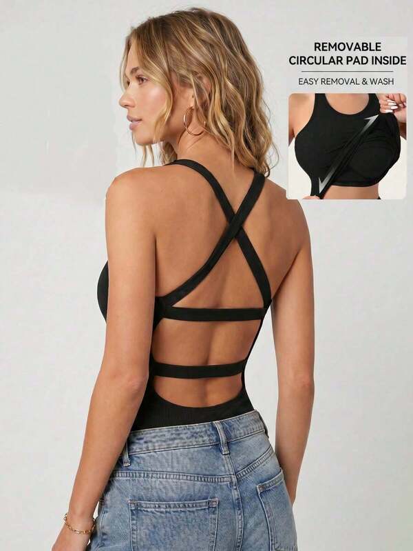 1pc Black Ribbed Narrow Shoulder Backless Tank Top, All Seasons, Criss-Cross Double Layer Hollow Back Design, Built-In Bra Pads, Slim Fit Waist, Sexy Camisole Top For Outerwear, Innerwear, Sports And Casual Wear