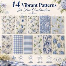 14/28pcs Blue Quilted Fabric, 25cm X 25cm Blue Fabric Squares Vintage Pre-Cut Quilt Kit With Floral And Striped Print Patterns, For DIY Crafts - Variant - View 7