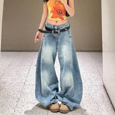 パンツ レディース アメリカン レトロ ハイストリート シミター ワイドレッグ ジーンズ 春と夏 ハイウエスト スリム フィット 多用途 床拭きパンツ ルーズ シミター パンツ スリム ハイウエスト 小さな洋ナシ型パンツ