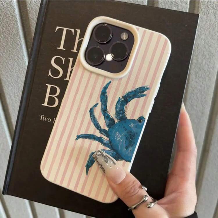 1pc TPU Material Pink Striped Little Crab Pattern Phone Case Compatible With IPhone 17 Pro Max/17/16 Pro Max/15/13/12/11/ S20 FE/A15/S24/A55/ Note 11/Note 12/Note 13 Pro Full Coverage Anti-Drop Soft Shell Phone Protective Cover - White - View 2