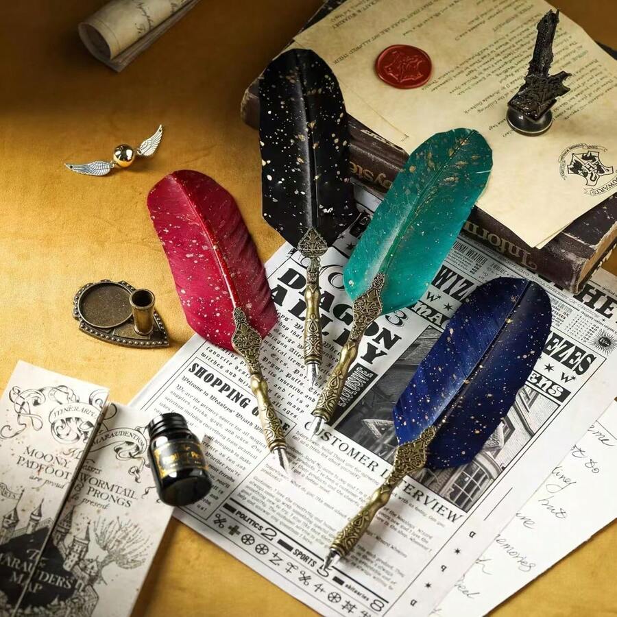1 Set Feather Pen Set, Shiny Feather Pen Set, Vintage Calligraphy Ink Pen (Includes Ink), 2 Replacement Nibs, Pen Holder, Luxury Vintage Signature Pen, Easter, Halloween And Christmas Letter Writing Pen, Back To School Essential Souvenir, High-End Packaging Gift - Sets - View 1