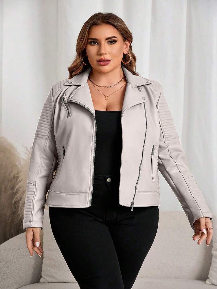 Giolshon Women's Plus Size Street - Style Faux Leather Jacket - Short PU Coat With Lining & Pockets, Casual Edgy Urban Wear - Beige - View 7