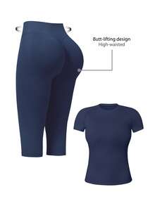 TimeOff Conjunto deportivo de mujer de un solo color sin costuras con cuello redondo, manga corta, cintura acanalada y pantalones de largo medio - Azul Marino - Ver 11