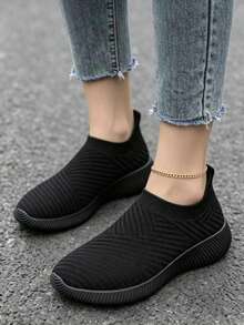 Women's Comfortable Breathable Casual Sports Shoes With Elastic Upper, Suitable For Plus Size, Gym, Commuting, Walking - Black - View 7