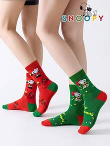 1/2 Pairs Snoopy Socks Men's Autumn/Winter Red & Green Christmas Mid-Calf Sports Socks, Cute Cartoon Pattern Unique Snoopy Halloween Socks - Multicolor - View 6