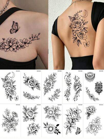 10 Sheets 3D Black Rose Butterfly Temporary Tattoos For Women, Waterproof Long Lasting Floral Fake Tattoo Stickers, Realistic Flower Moon Body Art Tattoos For Shoulder Back Arm Collarbone