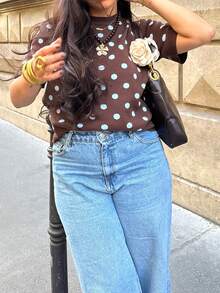 Polka Dot Pattern Short Sleeve Knit Top - Brown - View 5