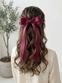 2/1pc Large Elegant Satin Chiffon Ribbon Bow Hair Clip With Long Tail, French Vintage Hair Accessory, Summer Hairband For Women - Burgundy - View 1