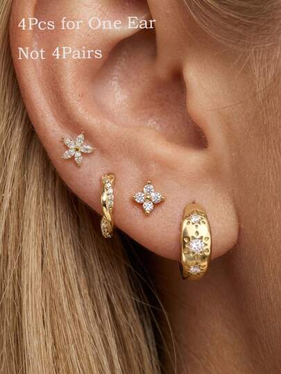 Set Anting Tusuk Hoop 4 Buah, Anting Tusuk Bunga Marquise CZ Berlapis Emas 18K, Perhiasan Tindik Tulang Rawan Tumpuk untuk Wanita, Hadiah Harian, Pesta, Festival