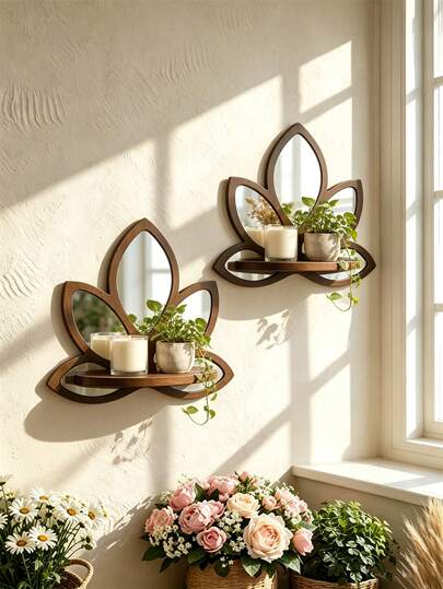 1pc/2pcs Lotus Petal Mirror Floating Wall Shelf Set, Bohemian Neutral Aesthetic Wall Mirror Storage Rack, Mini Plant Candle Fragrance Display Shelf, Multi-Room Decor Rack, Bohemian Style Multi-Purpose Hanging Shelf, All-Season Easy Installation Decor, Suitable For Living Room, Bedroom, Vanity, Perfect Gift For Halloween And Christmas