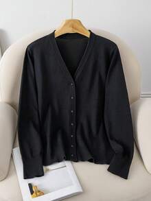 GIGOGOU Plus Size 1XL-4XL Spring/Autumn V-Neck Lightweight Women's Knit Cardigan Long Sleeve Casual Sweater Jacket Top Black Fall - Black - View 5