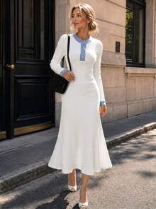 Perirose Women's White Old Money Rib Knit Midi Dress, Long Sleeve Contrast Trim Button Front Slim Fit Sweater Dress, Fall Winter Office Chic Going Out - White - View 3