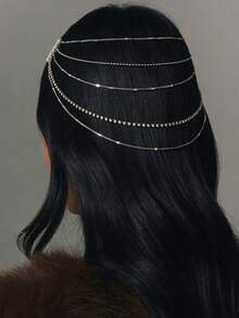 STONEFANS 1pc Niche Design Multi-Layer Chain Rhinestone Hair Accessory, Long Tassel Luxury Evening Party Styling Headpiece - Silver - View 1
