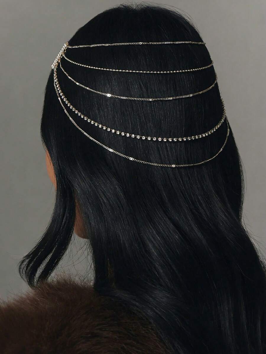 STONEFANS 1pc Niche Design Multi-Layer Chain Rhinestone Hair Accessory, Long Tassel Luxury Evening Party Styling Headpiece - Silver - View 1