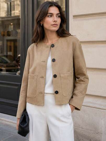 Women's Spring Suede Jacket, Round Neck Long Sleeve Short Coat, Button Closure, Fashion Streetwear