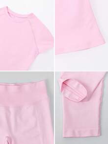 TimeOff Conjunto deportivo de mujer de un solo color sin costuras con cuello redondo, manga corta, cintura acanalada y pantalones de largo medio - Rosa - Ver 5