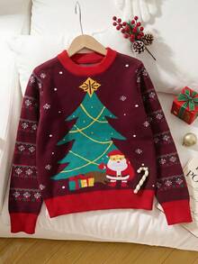 Girls Christmas Gift Christmas Reindeer Pattern Sweater Knit Pullover Suitable For Christmas Party Spring Autumn Winter - Red - View 5