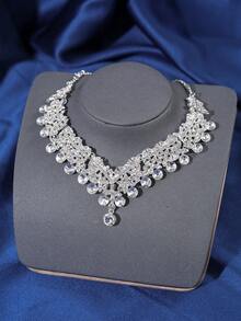 Sparkling Silver Bridal Set, Exquisite High-Style Diamond Tiara, Includes Luxurious Necklace And Pendant Earrings, Designed For Grand Wedding Day - Silver - View 5