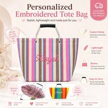 (Custom) Personalized Embroidered Minimalist Striped Canvas Tote Bag, Original Niche Versatile Commuter Large Capacity Handbag Shoulder Bag For Students - Multicolor - View 10