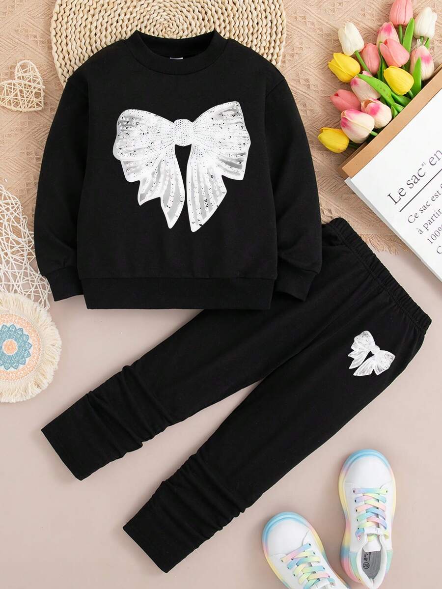 Girls' Bow Pattern Print Crew Neck Sweatshirt And Leggings - Black - View 1