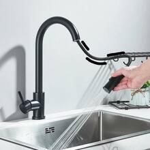 Stainless Steel Pull-Out Kitchen Faucet, Single Hole, 360° Swivel High Arc Modern Sink Tap, 2-Mode Spray Head, Suitable For Farmhouse, RV, Bar, Kitchen - Black - View 5