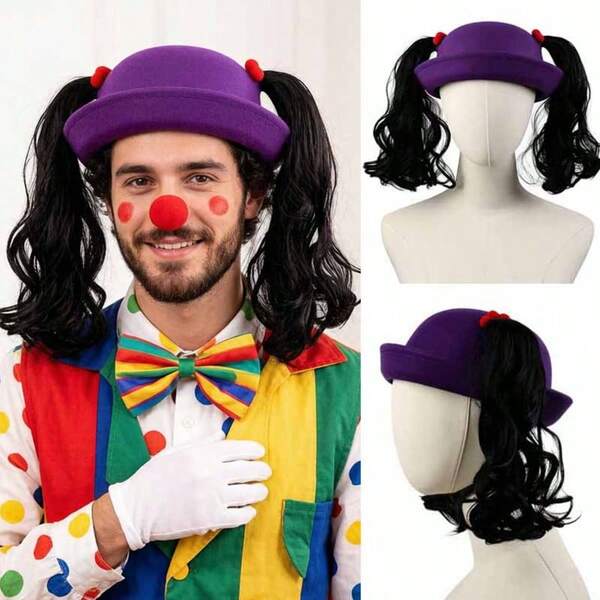 Men's Cos Wig Men's Clown Dress Up Wig Purple Hat Black Double Ponytail Suitable For Men Of All Races Halloween, Carnival Holiday Wig Funny Double Ponytail Clown Wig Party Performance Wig