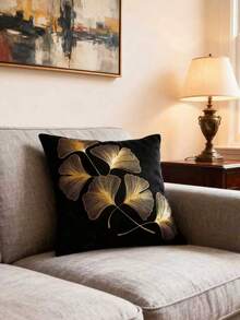 Funda de cojín con estampado de hojas de ginkgo dorado metálico sin relleno - Negro - Ver 3