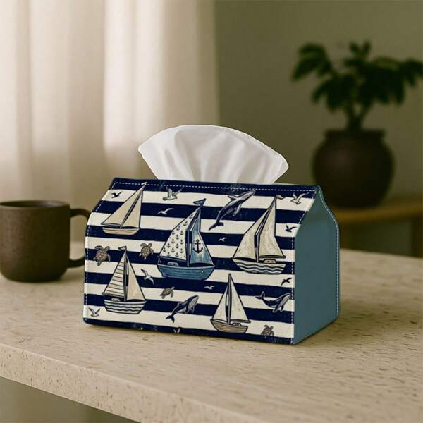 1pc Tissue Box Cover, Coastal Nautical Design - Navy Blue & White Striped Boat Pattern, Durable Polyester Material, Suitable For Kitchen, Living Room, Bedroom, Bathroom, Car - Holiday Decor, Bathroom Accessories | Vintage Tissue Box, Tissue Box Cover, Napkin Holder,Bedroom Room Decor,Back To School
