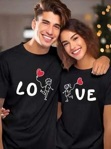 1 Pc Only Men's Couple T-Shirts - White Love Graphic Tees With Bold LOVE Lettering - Valentine's Day Gifts, Anniversary Couples Outfitsd Fit - 男款單件黑色 - 查看 1