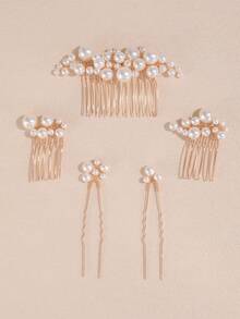 5 Packs Faux Pearl Bead Simple And Fashionable Hair Comb And Hairpin Combination, Daily Hair Decoration, Wedding, Party Hair Accessories - Gold - View 6