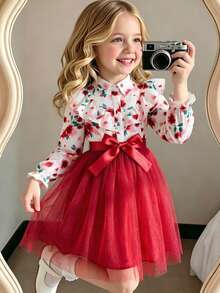 Young Girl Floral Print Long Sleeve Lapel Mesh Dress With Woven Waistband - Red - View 1