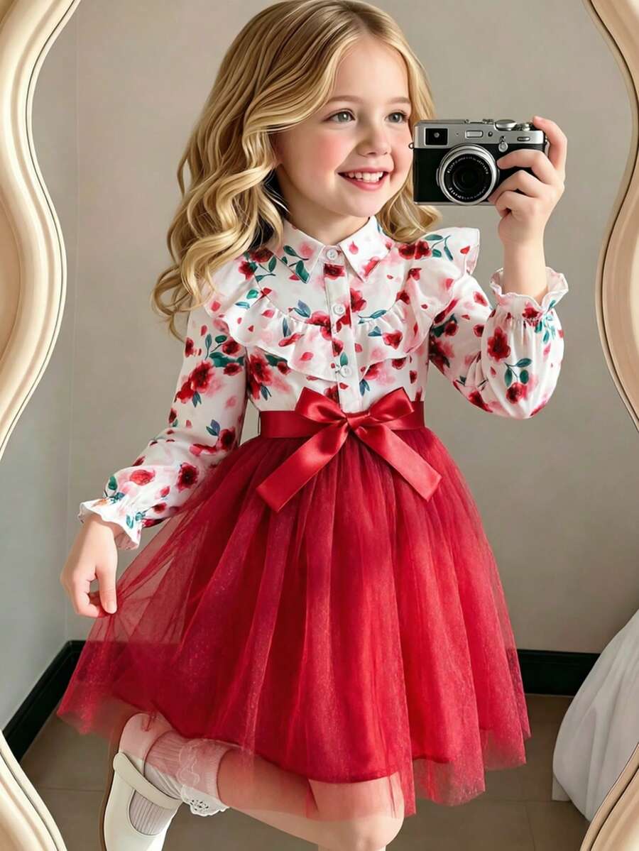 Young Girl Floral Print Long Sleeve Lapel Mesh Dress With Woven Waistband - Red - View 1