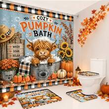 1pc/4pcs Bubble Bath Highland Cow Funny Sunflower Pumpkin Plaid Autumn Decor Multi-Functional Bathroom Decor Shower Curtain Set, Free 12 Hooks, Premium Holiday Atmosphere, Bathroom Mat, U-Shaped Rug And Round Toilet Lid Cover, Suitable For Autumn Harvest All Occasions - Highland Cow Bubble Bath - View 2