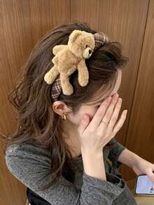 1件復古棕色格紋毛絨泰迪熊洗臉髮箍，可愛卡通臉設計女款 - 彩色 - 查看 2