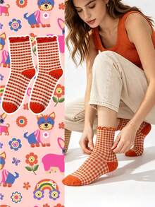 3/6 Pairs Back To School Vintage Style Ruffle Trim Striped Mid-Calf Socks, Multi-Color Fine Striped Women's Slim Fit Slouch Socks, Autumn - Multicolor - View 1