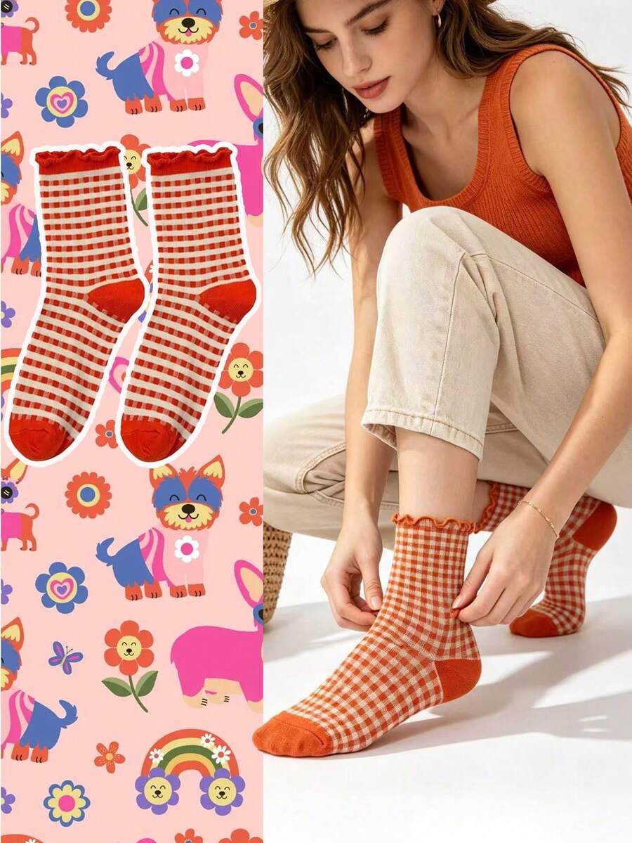 3/6 Pairs Back To School Vintage Style Ruffle Trim Striped Mid-Calf Socks, Multi-Color Fine Striped Women's Slim Fit Slouch Socks, Autumn - Multicolor - View 1