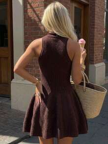 Women's Fall Winter Dark Brown Sleeveless Mock Neck Knit Mini Dress Fit & Flare Slim Fit Elegant Sexy Party Date Night Going Out Casual Wear Summer - Brown - View 3