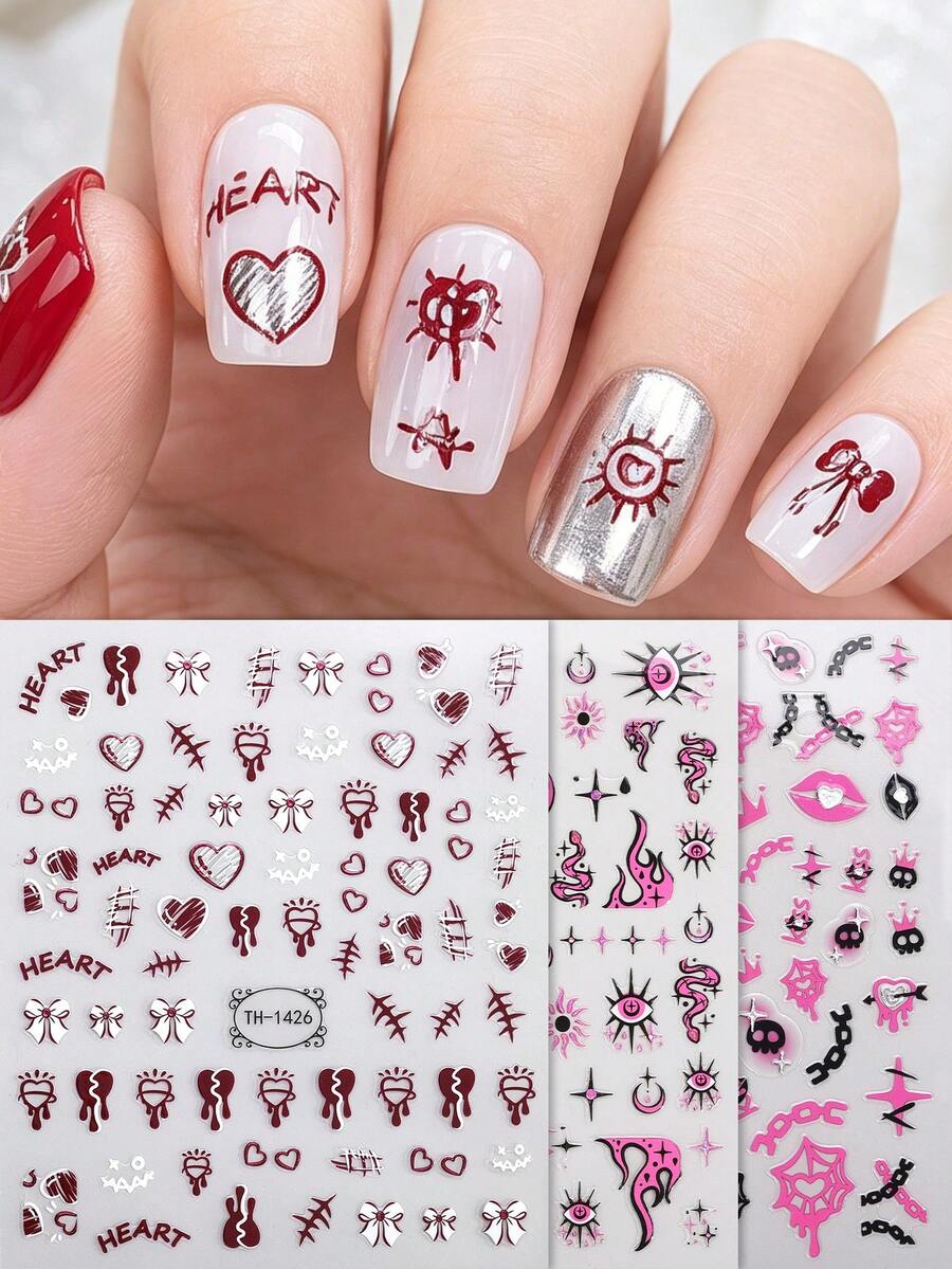 3 Peças Adesivos de Arte de Unhas Góticos de Halloween, Coração Vermelho, Laço, Cobra Rosa & Olho Maligno, Decalques de Unhas Autoadesivos, Perfeitos para Festa Punk Feminina, Dia dos Namorados e Manicure DIY de Halloween. - Multicolorido - Visão 1